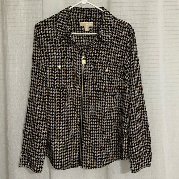 Michael Kors XL Tan Black Houndstooth Zip Front Long Tab Roll up Sleeve Blouse - Picture 1 of 15
